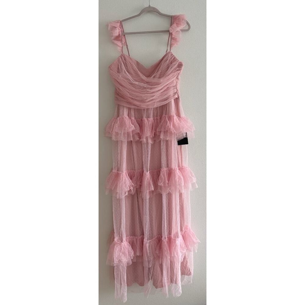 Lulus Pure Radiance Pink Mesh Swiss Dot Tiered Maxi Dress XL